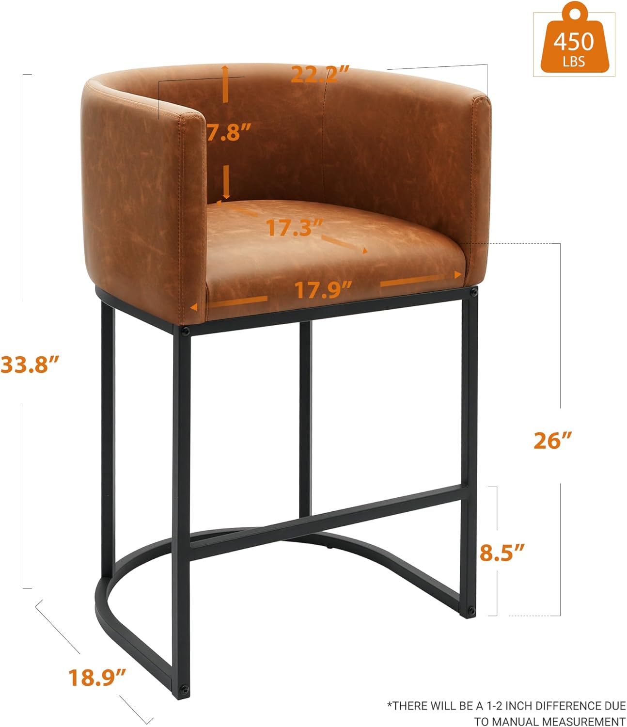 26" H Counter Height Bar Stools Set of 3, Modern Barrel Counter Stools with Backrest and Arms, Faux Leather Upholstered Accent Barstools for Kitchen Island,Support 450 LBS（Walnut）