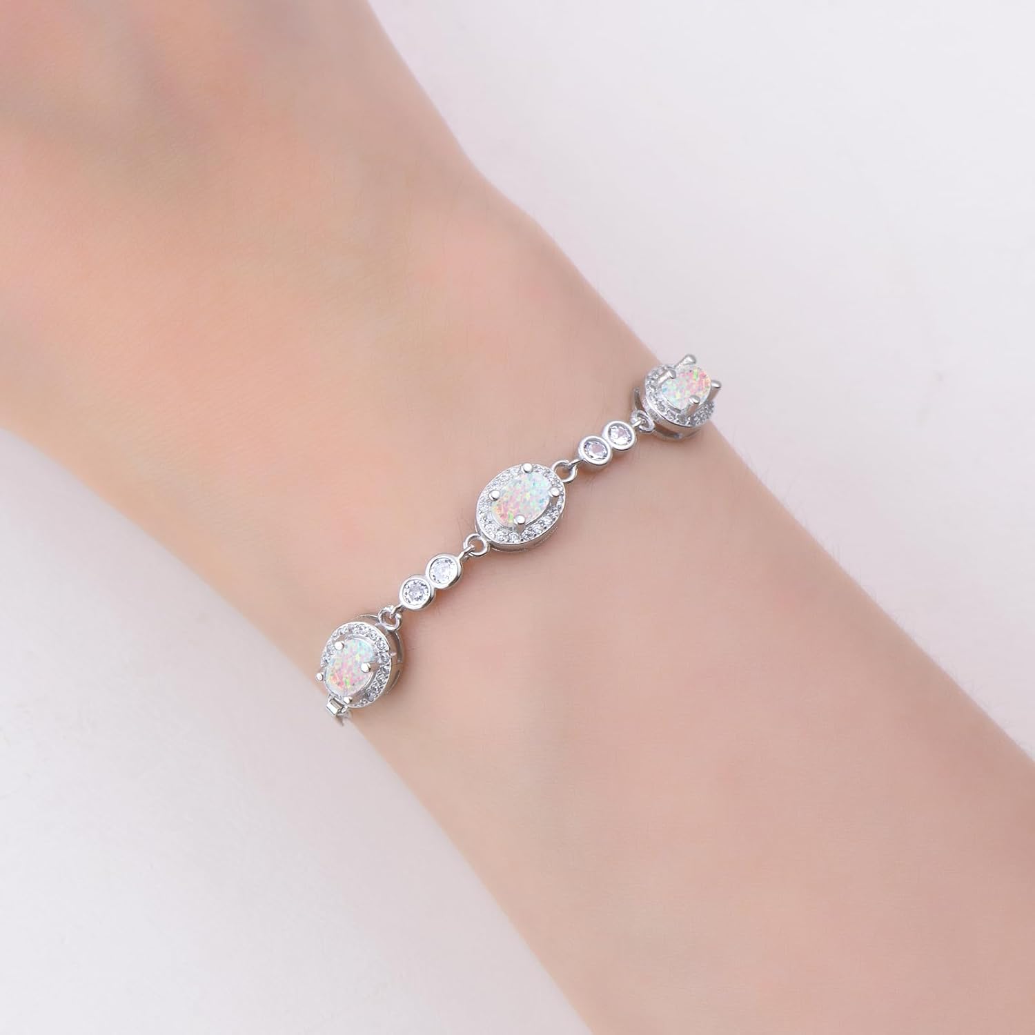 Sterling Silver Opal Bracelet for Women, Dainty Opal Link Bracelet October Birthstone Jewelry Gifts for Her Birthday Anniversary Christmas - Image 2