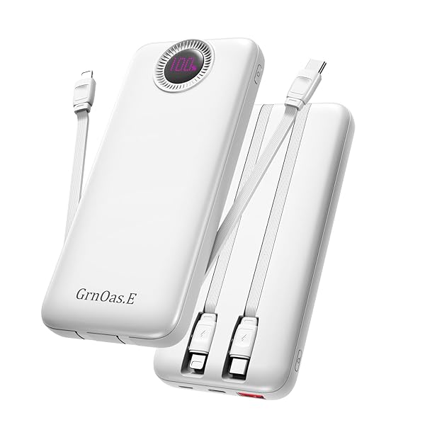 Portable Charger with Built in Cables，10000mAh 22.5W Max High-Speed Charging Power Bank with 4 Outputs 2 Inputs,External Travel Battery Pack for iPhones Android,iPad (Pearl White)