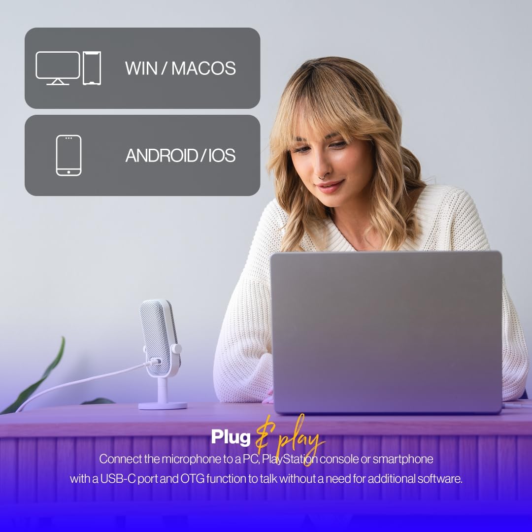 ENDORFY Solum Voice S Onyx White, Gaming Micrófono PC, Podcast Micrófono, Streaming Micrófono, Iluminación RGB, Micrófono USB Plug & Play, Botón Tap-to-Mute, Regulador Gain, Cardioide EY1B015