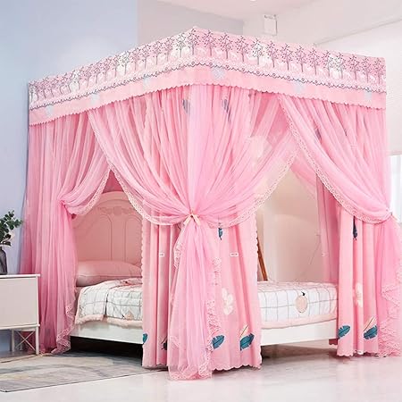 Amazon Com Nnattey 4 Corners Post Canopy Bed Curtains For Girls Kids Mosquito Net Cute Princess Gift Bedroom Decoration Twin Pink Home Kitchen