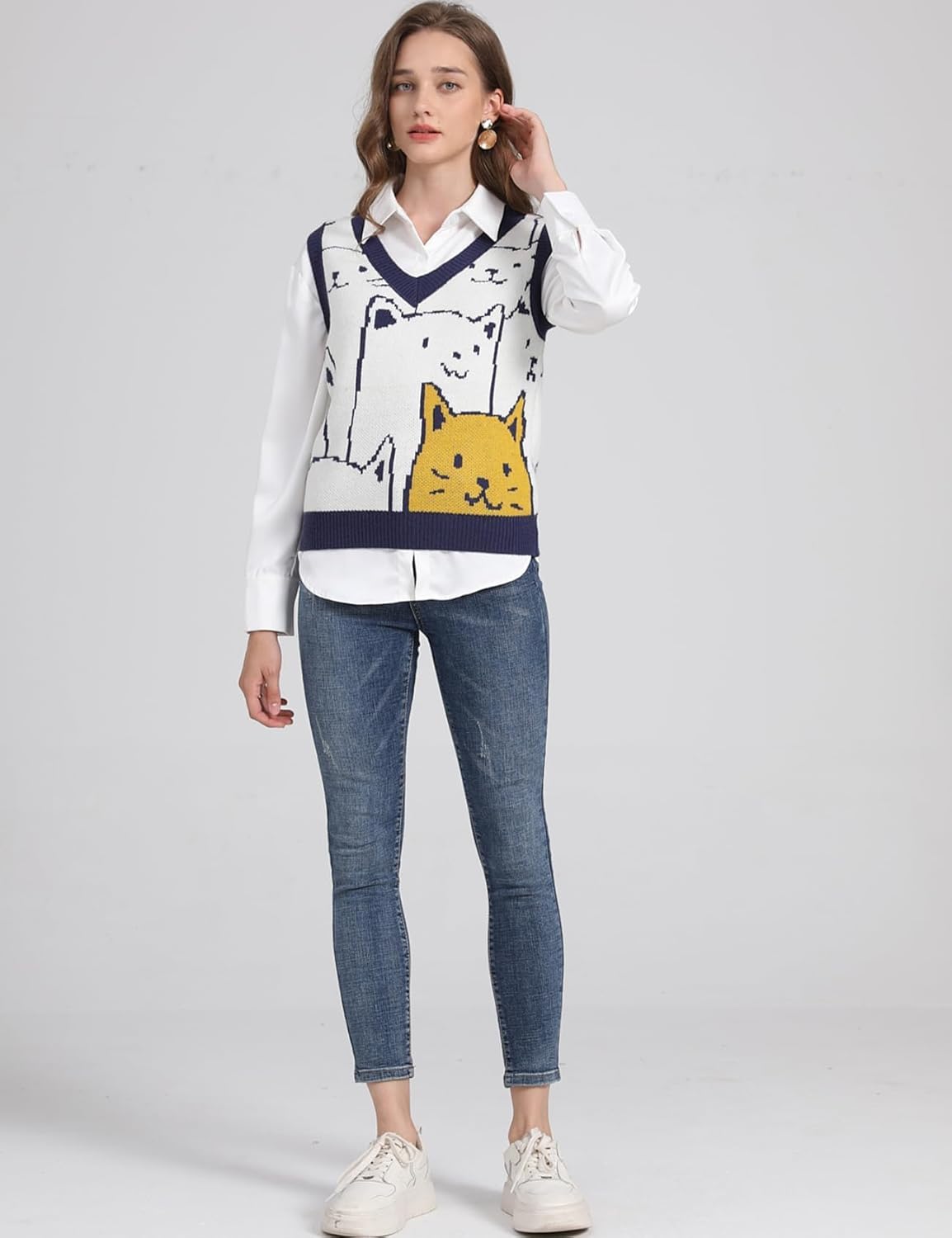 Arssm Womens Cat Print Pullover Sweater Vest V Neck Sleeveless Knit Vests 2025 Pullover Knitted Tank Top - Image 6