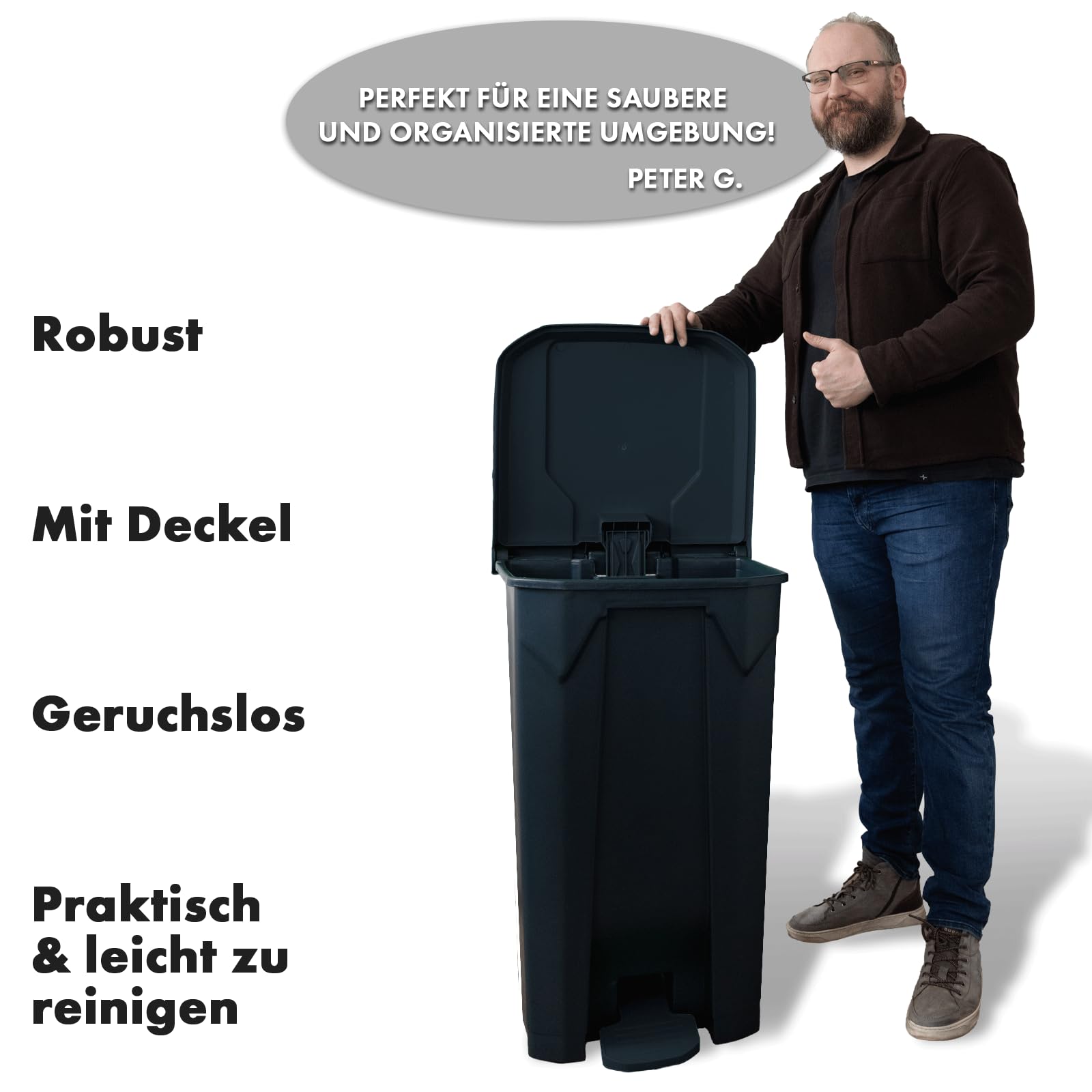 Floordirekt Mülleimer 50 Liter, Grauer Deckel, Abfalleimer für Küche und Büro, Mülltrennsystem, Tretmülleimer mit Step-On-Mechanismus, Papierkorb, Mülltonne Olaf