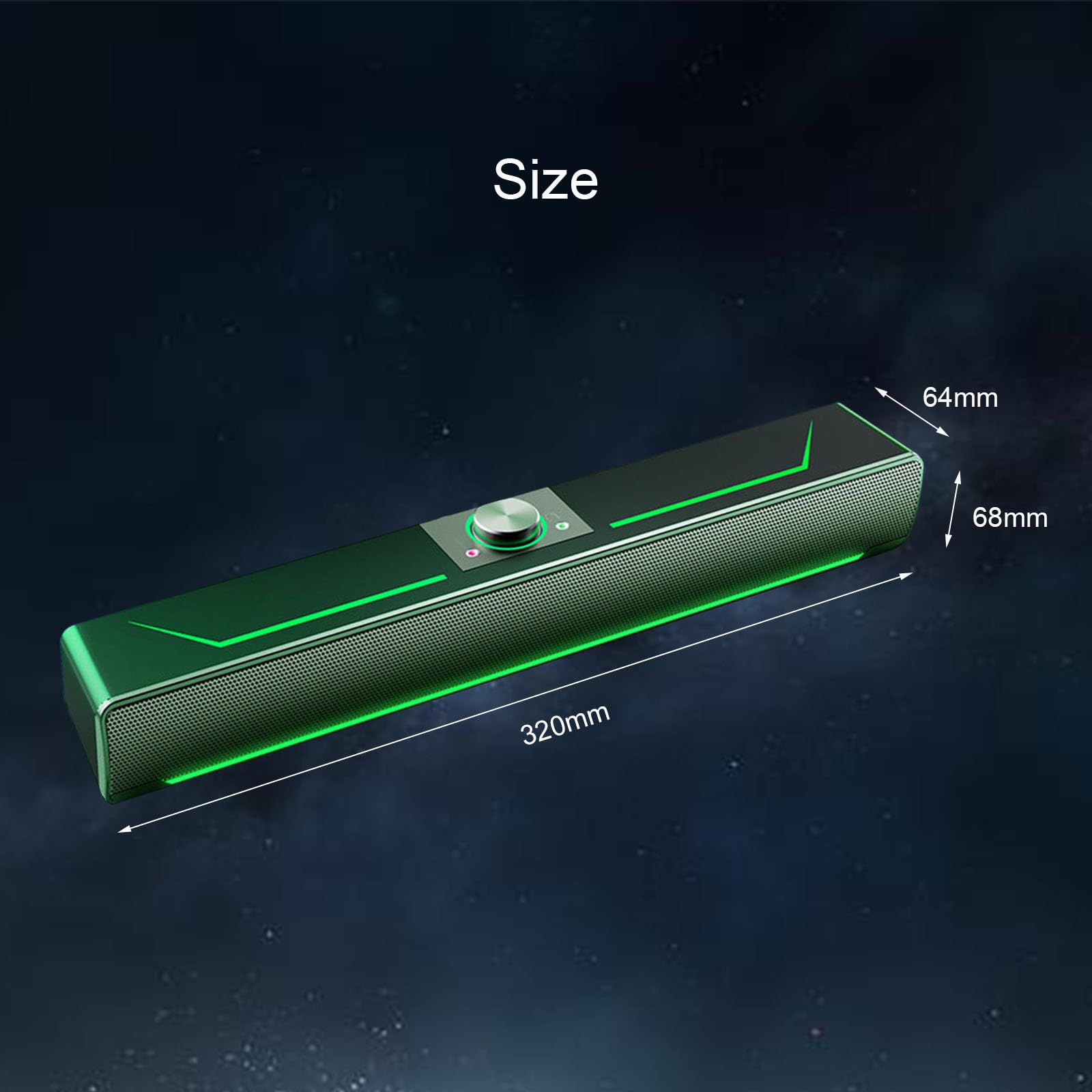 Haut-parleurs PC, 3W Portable Stéréo Surround 3D Soundbar avec lumières LED vertes, USB Bluetooth5.3 Audio 2.0 Canaux Caisses Moniteur pour PC de bureau Ordinateur Portable TV (USB+Bluetooth5.3)