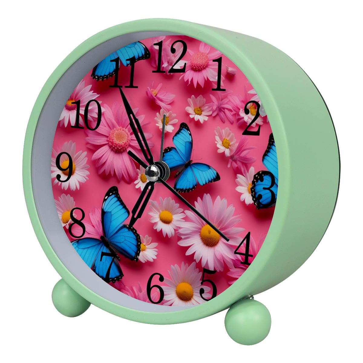 Luoweisi Alarm Clock Butterfly Daisy, Silent Non-Ticking with Night Light, Round Metal Alarm Clock for Office, Battery Operated, Bedroom, Elderly, Adults, Children, Student Gifts