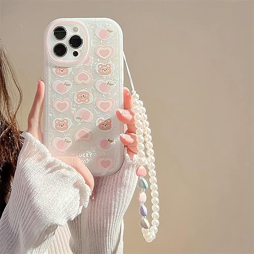 Miniatura 6 de Fycyko Funda compatible con iPhone 15 Pro Max con cadena, bonita funda estética con diseño de corazón y oso con dije de perla para iPhone 15 Pro Max