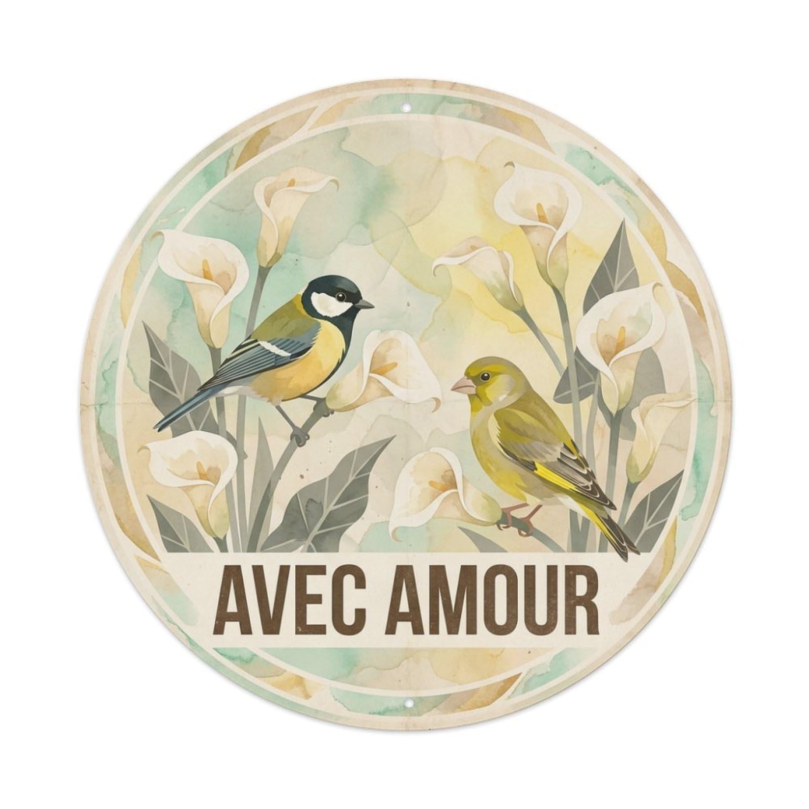 Calla Lily Avec Amour Watercolor Bird Slogan Metal Tin Sign