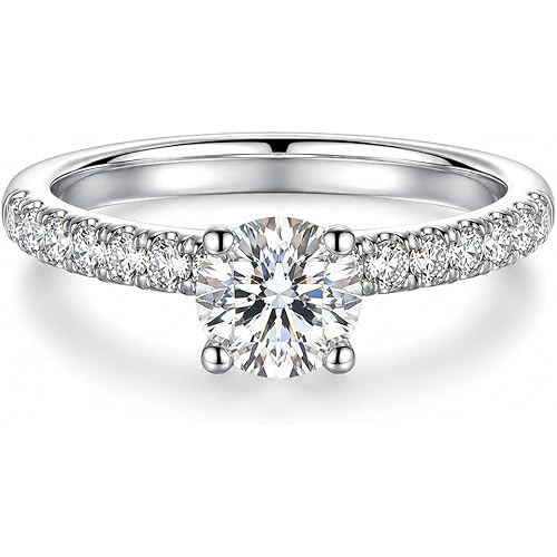 AURALUME Lab Grown Diamond Engagement Ring 1 CT Main Stone 2mm 0.56cttw Side Stone D Color VVS Clarity 4 Prong Solitaire S925 Sterling Silver Promise Anniversary Wedding Rings for Women