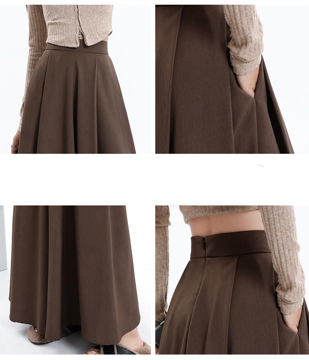 Damskie długie spódnice linia A plisowana spódnica elegancka vintage maxi spódnica z kieszeniami, Brązowy, M
