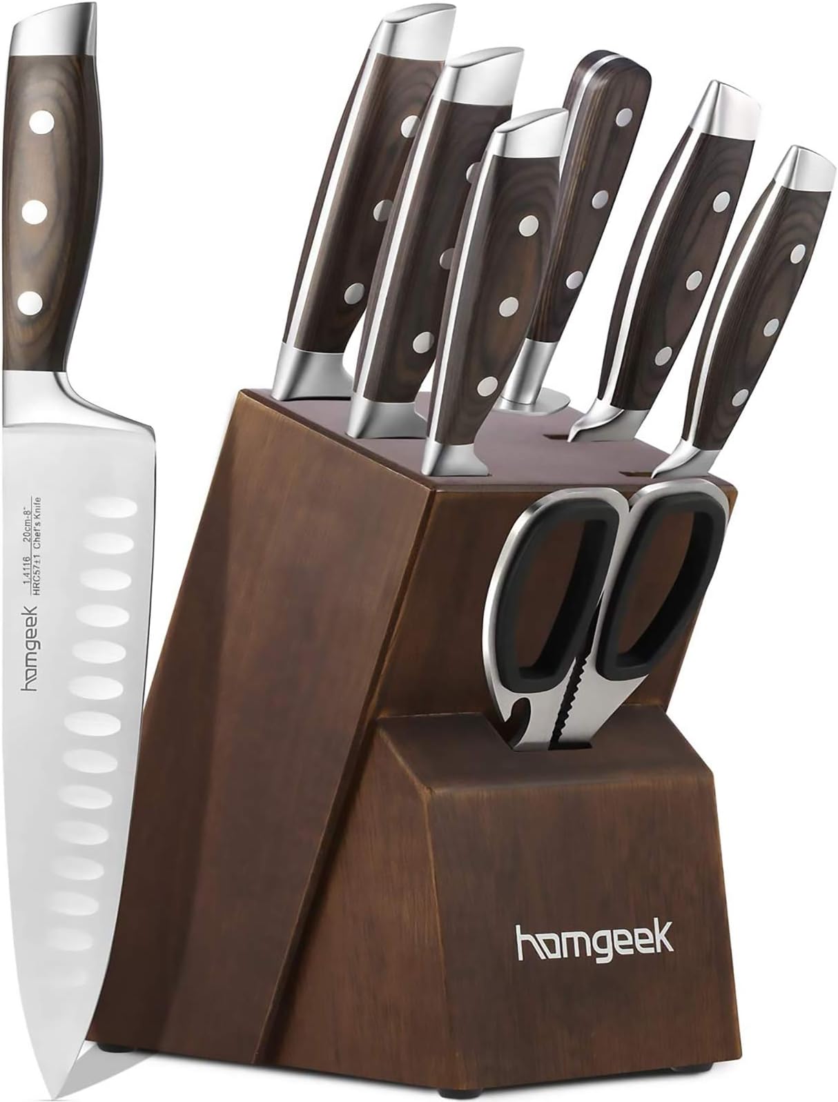 Kitchen Knife Set 8 Piece with Oak Wooden Block Sharpener and Pakkawood Handle, homgeek High Carbon 1.4116 Stainless Steel Professional Sharp Chef Knife Block Set Forged, Full-Tang