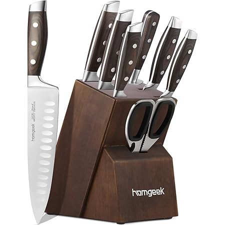Kitchen Knife Set 8 Piece with Oak Wooden Block Sharpener and Pakkawood Handle, homgeek High Carbon 1.4116 Stainless Steel Professional Sharp Chef Knife Block Set Forged, Full-Tang