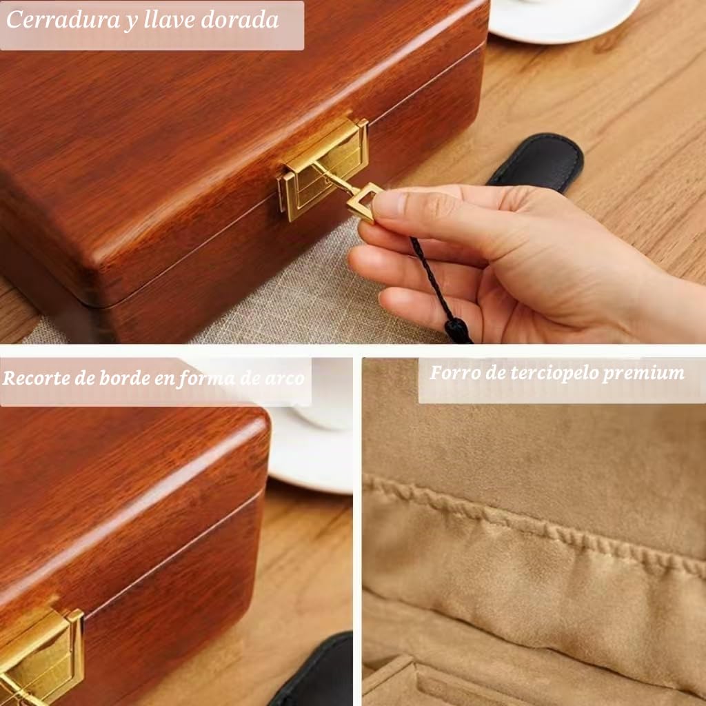 Bescott Joyero de madera de nogal macizo de 2 capas con cerradura y llave para mujeres y hombres, organizador de joyas de madera de terciopelo vintage, almacenamiento para aretes, anillos, collares,