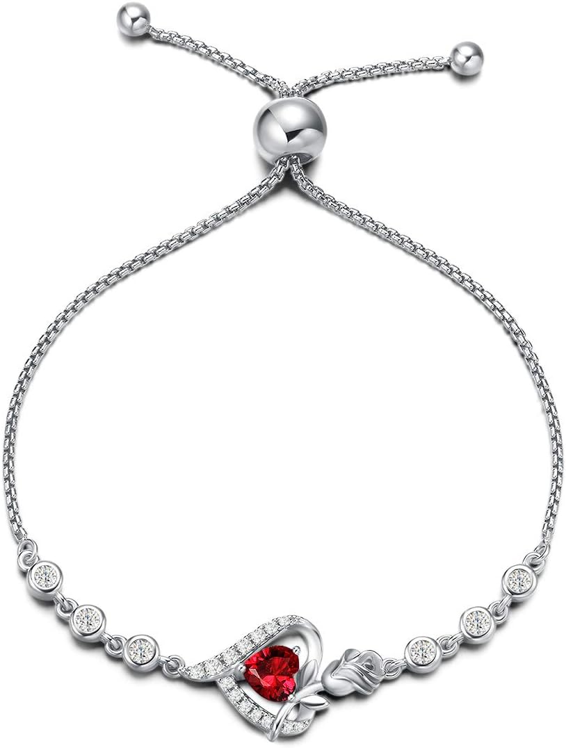 - Rosy Reverie Birthstone Bracelet for Women Sterling Silver Genuine or Created Gemstone Tennis Bracelet Rose Heart Jewelry Anniversary Birthday Gifts for Women Mom Wife Her