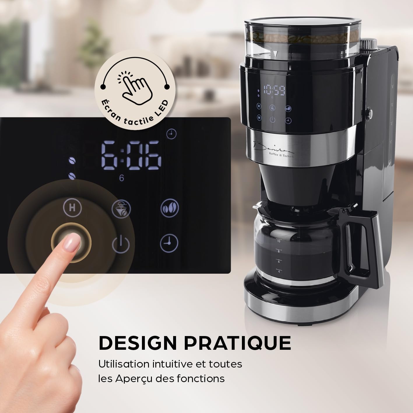 Barista Machine à café avec broyeur, cafetière à filtre avec verseuse en verre | machine à filtre de 900 W avec écran tactile et fonction minuterie jusqu'à 10 tasses | cafetière à café de 1,25 l
