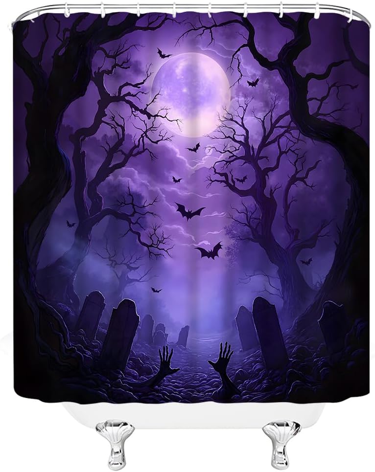 Halloween Spooky Graveyard Shower Curtain Purple Night Misty Forest Scene Flying Bat Full Moon Gothic Bathroom Decor Polyester Fabric Curtains with Hook 80Wx70H Inches