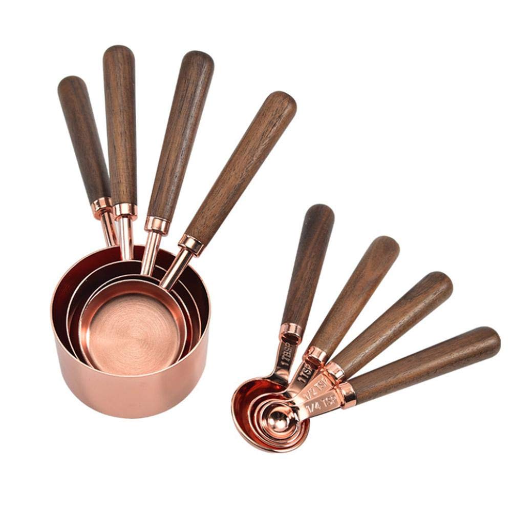 DUORUI Measuring Spoons and Cups Set Stainless Steel Metal for Baking Cooking Bartending Measurement Tool for Liquid Flour with Wooden Handle