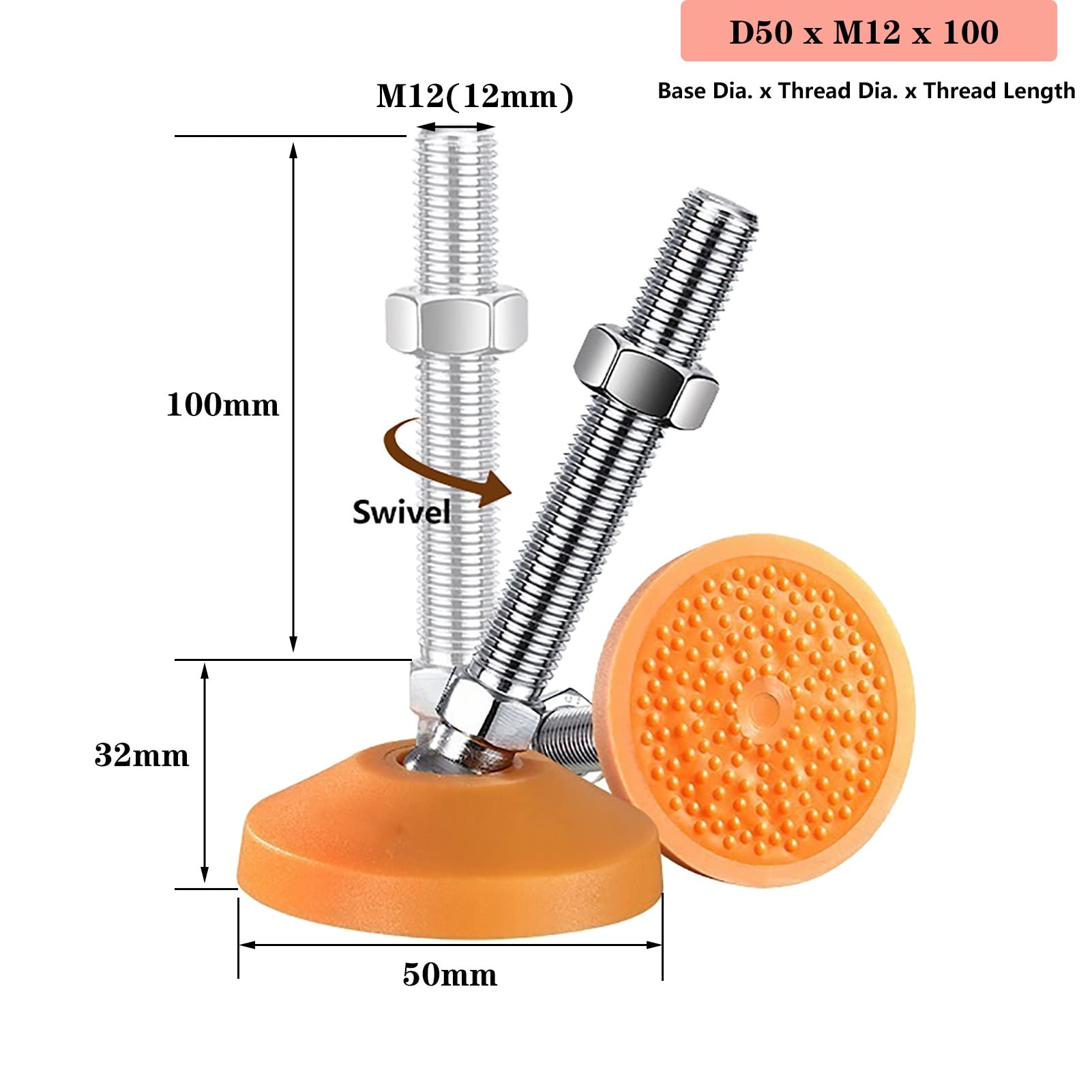 Patas de mueble regulables, Patas niveladoras giratorias con rosca M12, paquete de 4, niveladores de patas ajustables for muebles de alta resistencia, varilla roscada de acero al carbono de 100 mm + b