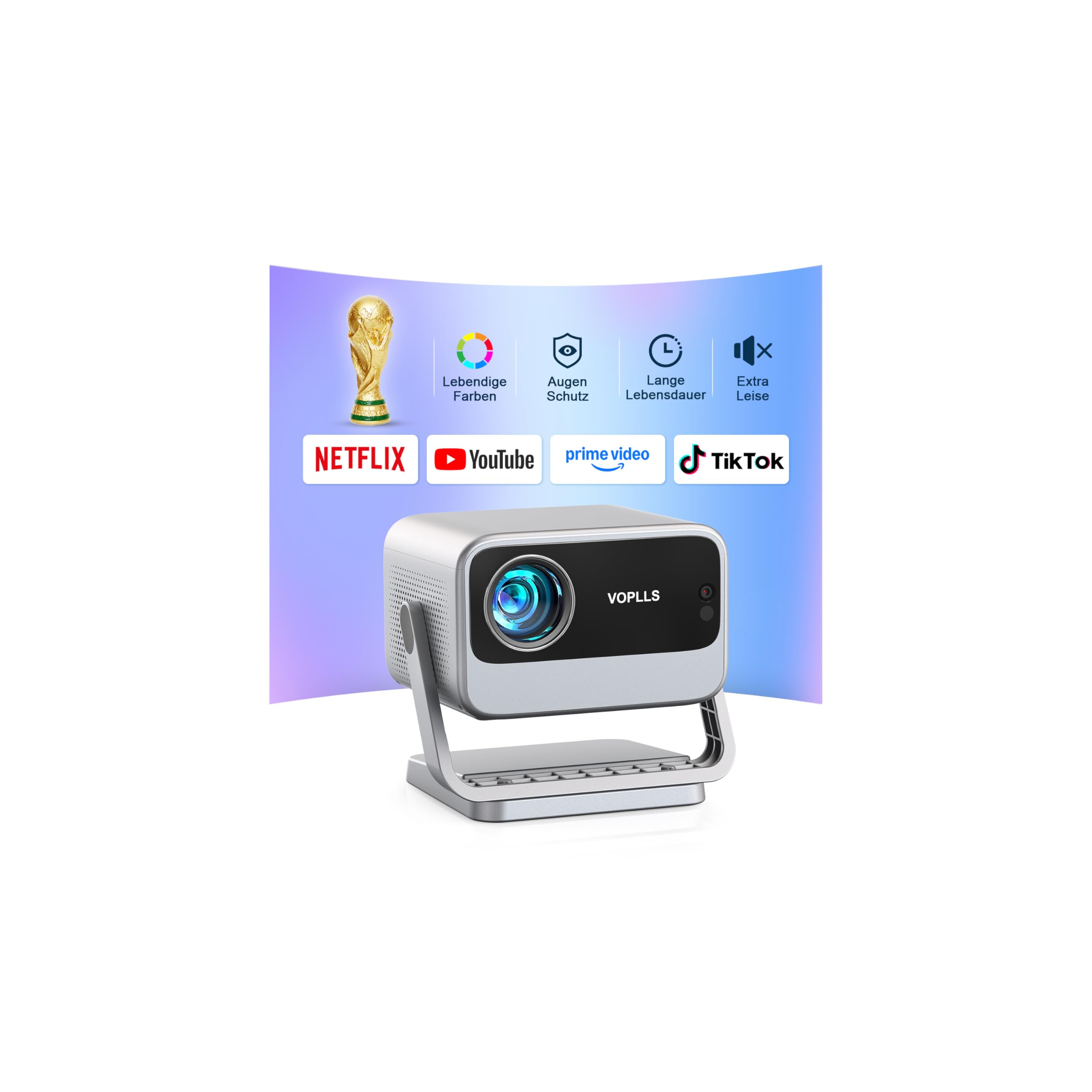 Mini Beamer【Autofokus/Trapezkorrektur】 Projektor 1080P Full HD 20000L WiFi6 Bluetooth 4K Unterstützt, VOPLLS Beamer Klein Heimkino 360° Drehbar Projector für Handy