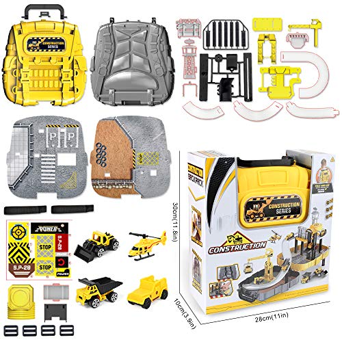 BeebeeRun Construction Vehicles for Kid - Engineering Construction Truck Parking Lot with Race Track,Helicopter,Bulldozer, Mixer Toy for 3 4 5 Year Old Boys, Toddlers, Kids,Children