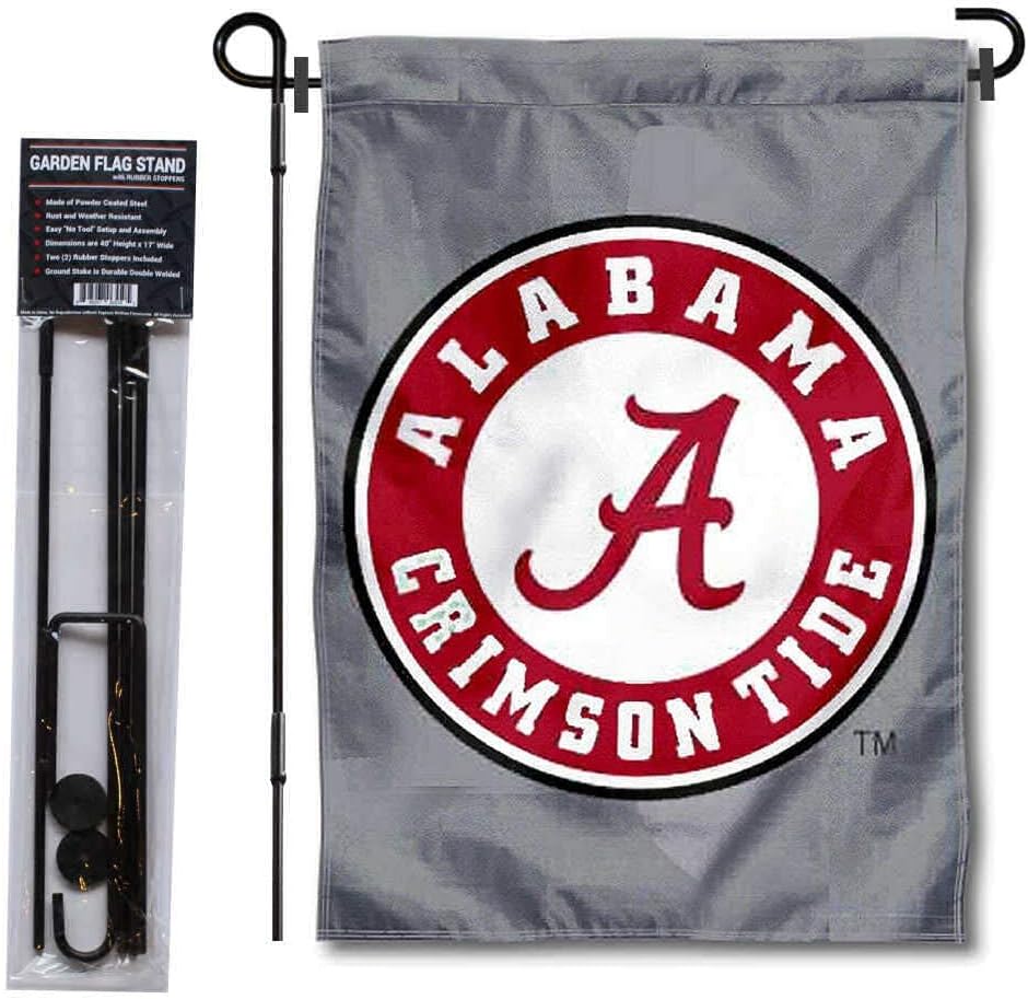 College Flags & Banners Co. Alabama Crimson Tide Gray Garden Flag and USA Flag Stand Pole Holder Set
