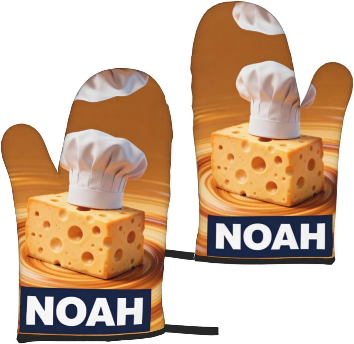Personalized Oven Mitts with Name, Custom Funny Cheese and Chef Hat Design, Unique Gift for Cheese Lovers, Heat Resistant Kitchen Gloves for Baking Cooking BBQ - 1 Pair