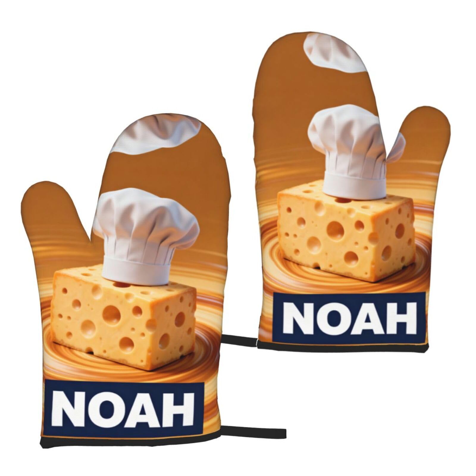 Personalized Oven Mitts with Name, Custom Funny Cheese and Chef Hat Design, Unique Gift for Cheese Lovers, Heat Resistant Kitchen Gloves for Baking Cooking BBQ - 1 Pair