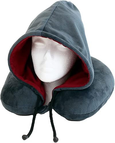 Wolf Essentials Almohada de cuello con capucha rellena de fibra, compacta, perfecta para viajes en avión y automóvil, carbón y vino