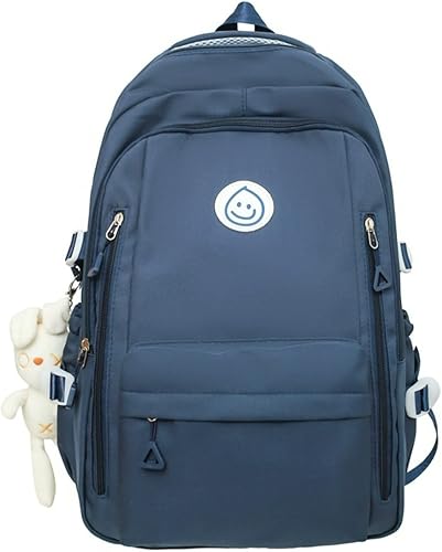 Miniatura 4 de Mochila preppy para mujer, mochila para laptop con cara sonriente Kawaii con peluches de conejo, mochila universitaria estética linda, Negro -