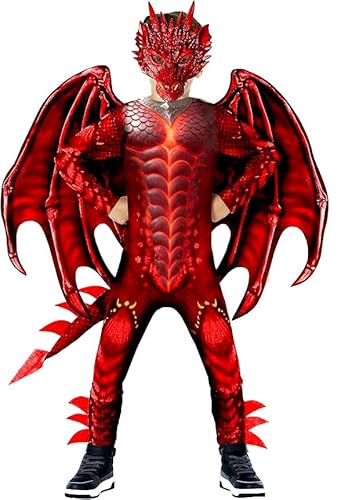 digi Dragon Costume for kids,Halloween costume Fire Dragon Full Body Jumpsuit with Wings Tail Spikes for boy 4-12 -Red