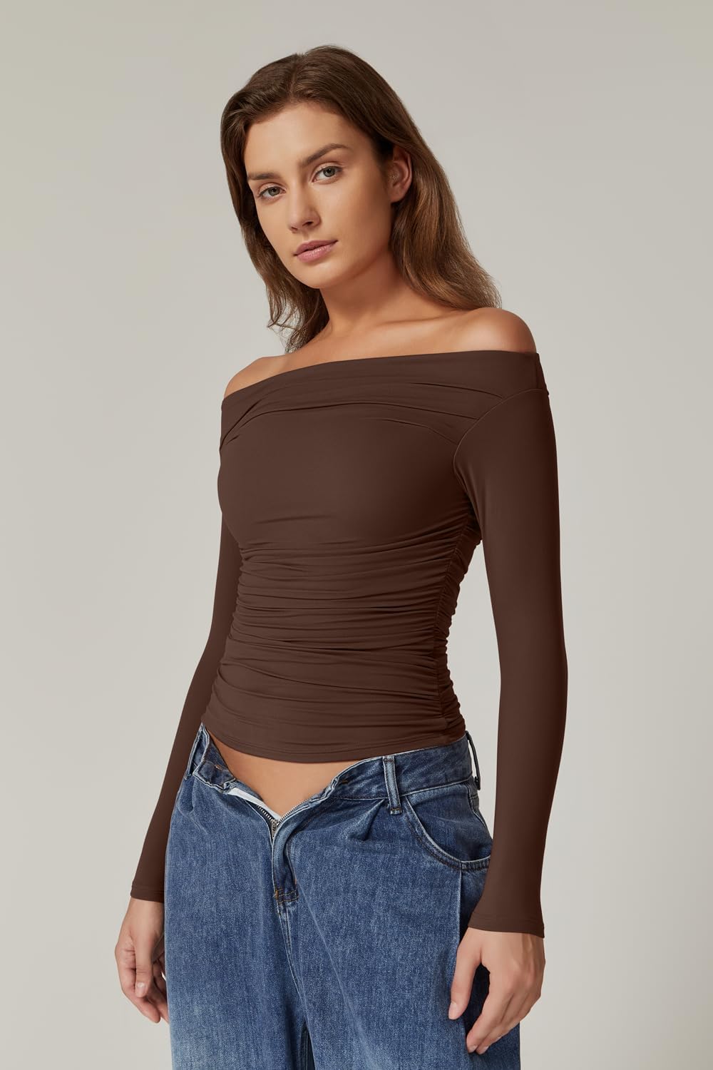 QINSEN Womens Off Shoulder Long Sleeve Tops Ruched Going Out Crop Slim Fitted Double Lined Shirts - Image 3