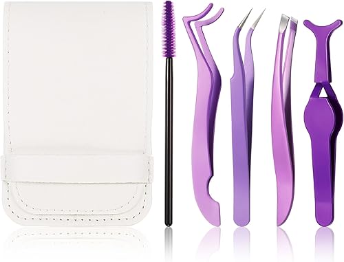 Miniatura 1 de Gisafai 6 herramientas aplicadoras de pestañas, pinzas de pestañas moradas para extensiones de pestañas, pinzas rectas y curvadas para pestañas