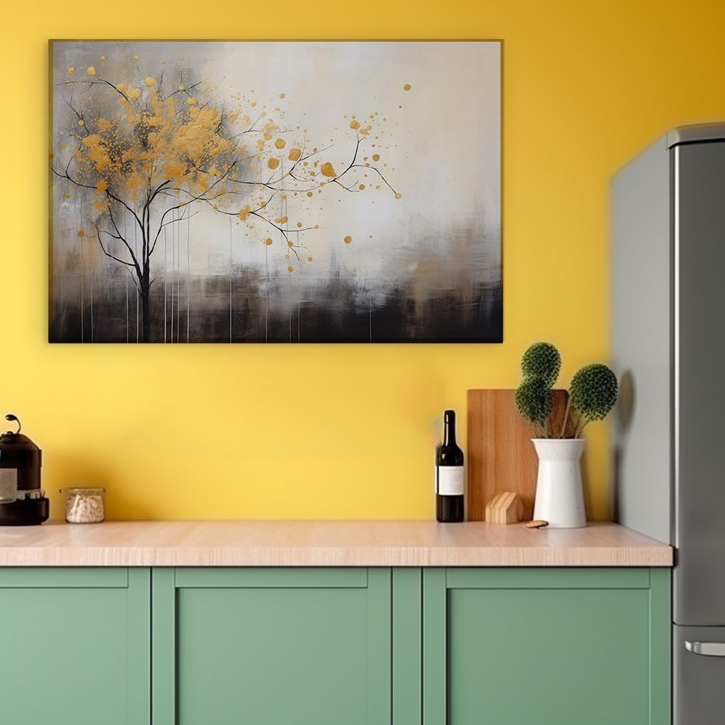 Canvas for Living room. Golden Silhouette - The Art of Minimalism in a Tree's Majestic Aura, 27 x 18 inch Canvas Wall Art - Contemporary Masterpieces - Zen Wall Decor