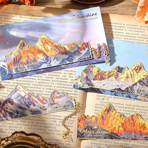 4 Pcs Metal Bookmarks with Chain Tassel, Golden Mountain Scenery Bookmarks, Oil Painting Landscape Book Marks for Book Lovers, Readers and Writers