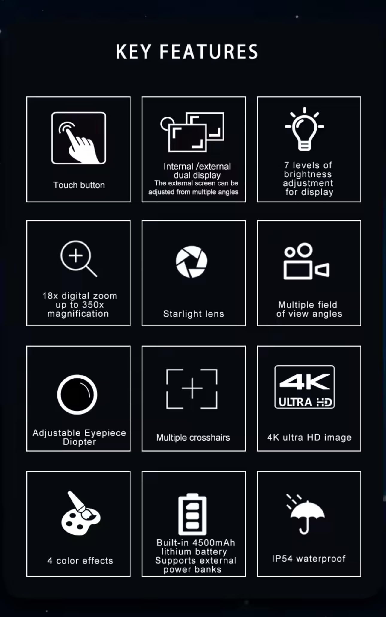 Telescopio digital 350x, Zoom 18x, con pantalla IPS HD integrada, 4K Ultra HD, batería 4500mAh, visión nocturna, incluye trípode