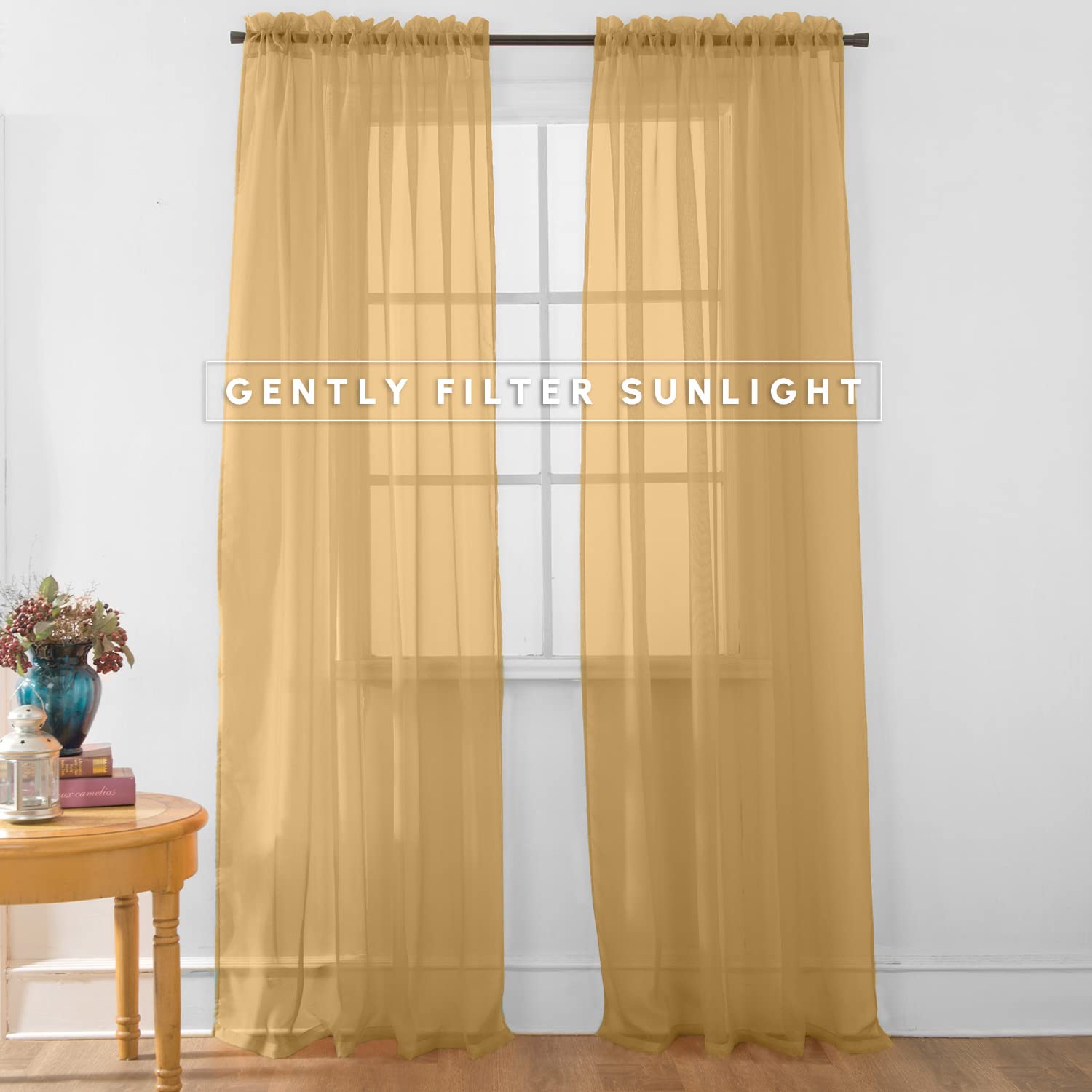 Elegant Comfort 2-Piece Sheer Panel with 2inch Rod Pocket - Window Curtains 40-inch Width X 84-inch Length, Tan - Image 2