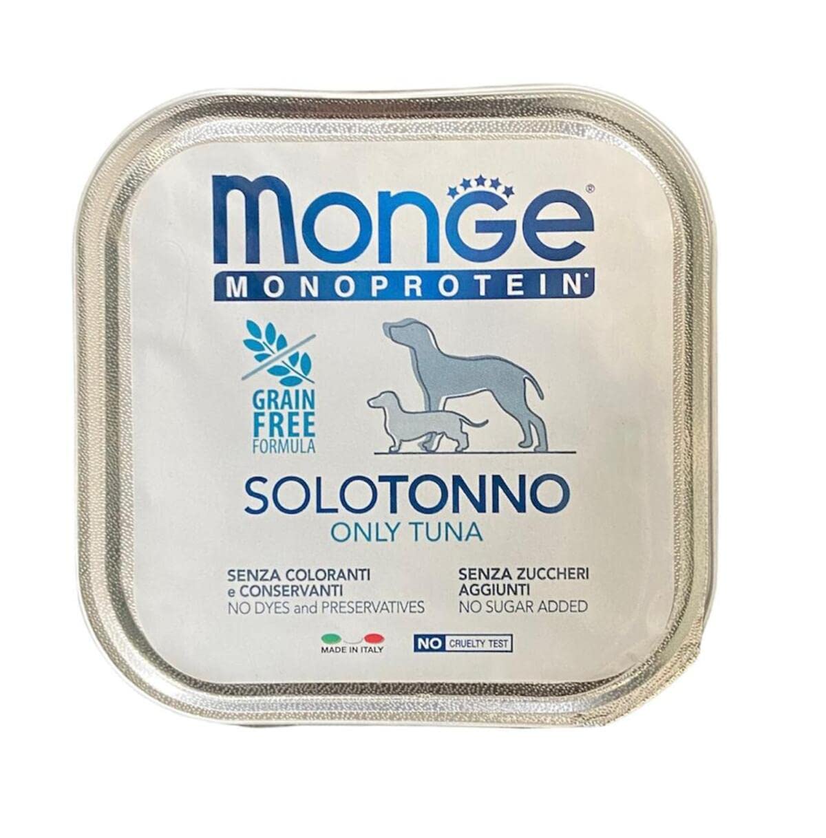 Monge Monoprotein Cibo umido per Cane solo Tonno, naturalmente senza coloranti, conservanti e zuccheri aggiunti. Confezione da 24 vaschette (1 = 150gr.)
