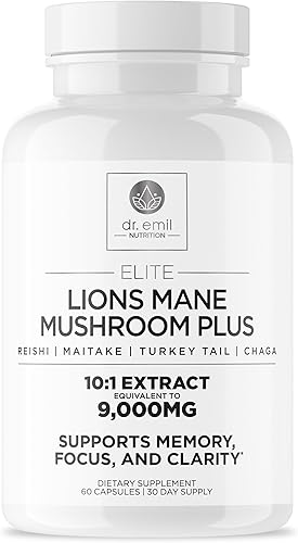 DR. EMIL NUTRITION Cápsulas orgánicas de suplemento de melena de león de 9000 mg con Chaga, Reishi y Maitake, mezcla natural de hongos para apoyo al