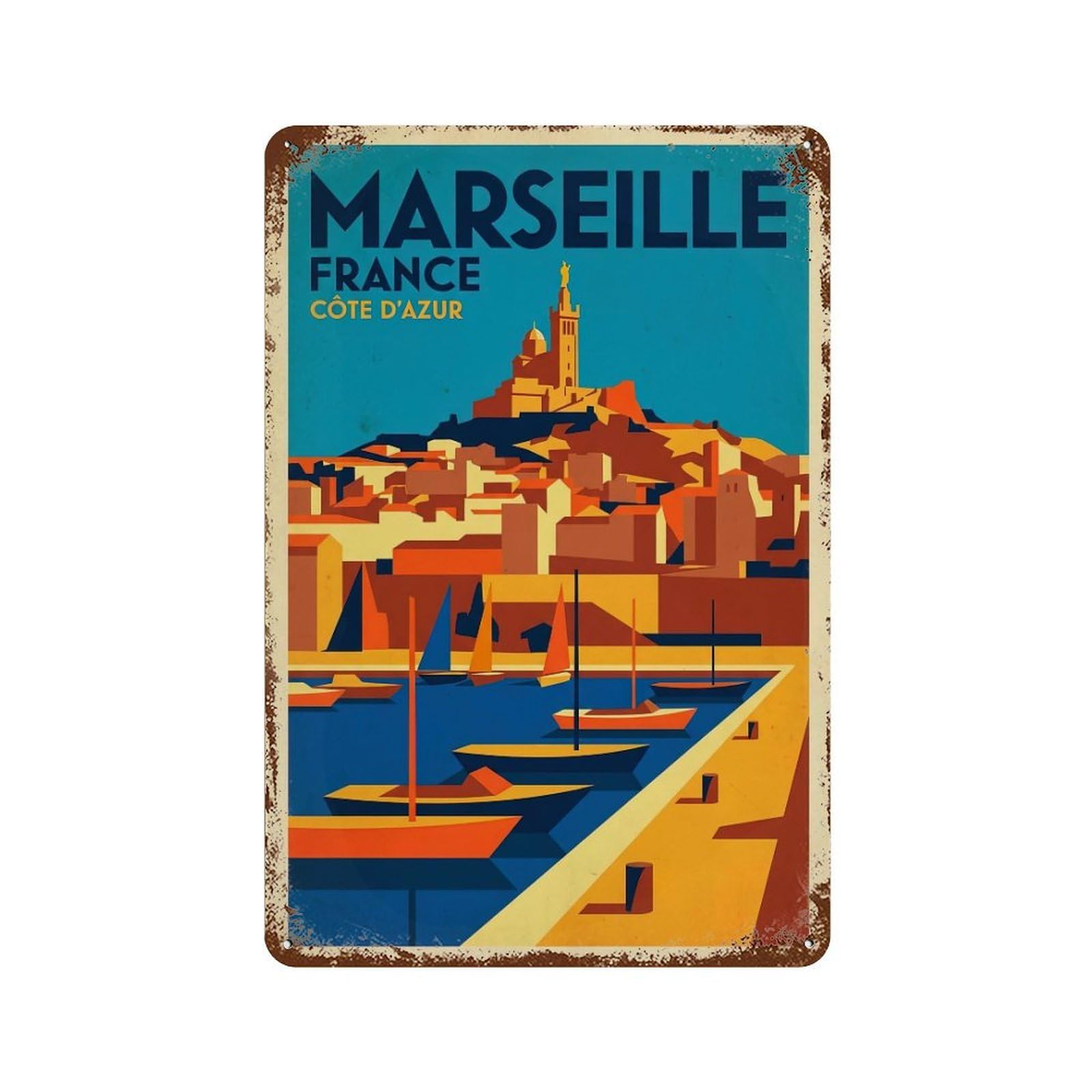 Vintage France Marseille Travel Metal Tin Sign