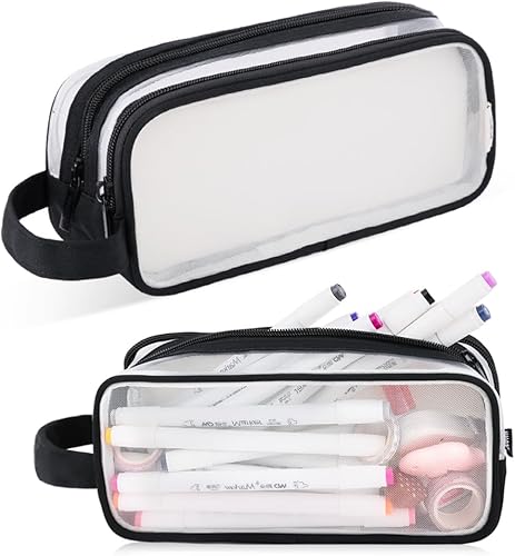 Miniatura 9 de Oyachic Estuche para lápices de 2 compartimentos de malla transparente para bolígrafos, bolsa de cosméticos para maquillaje, bolsa de cosméticos