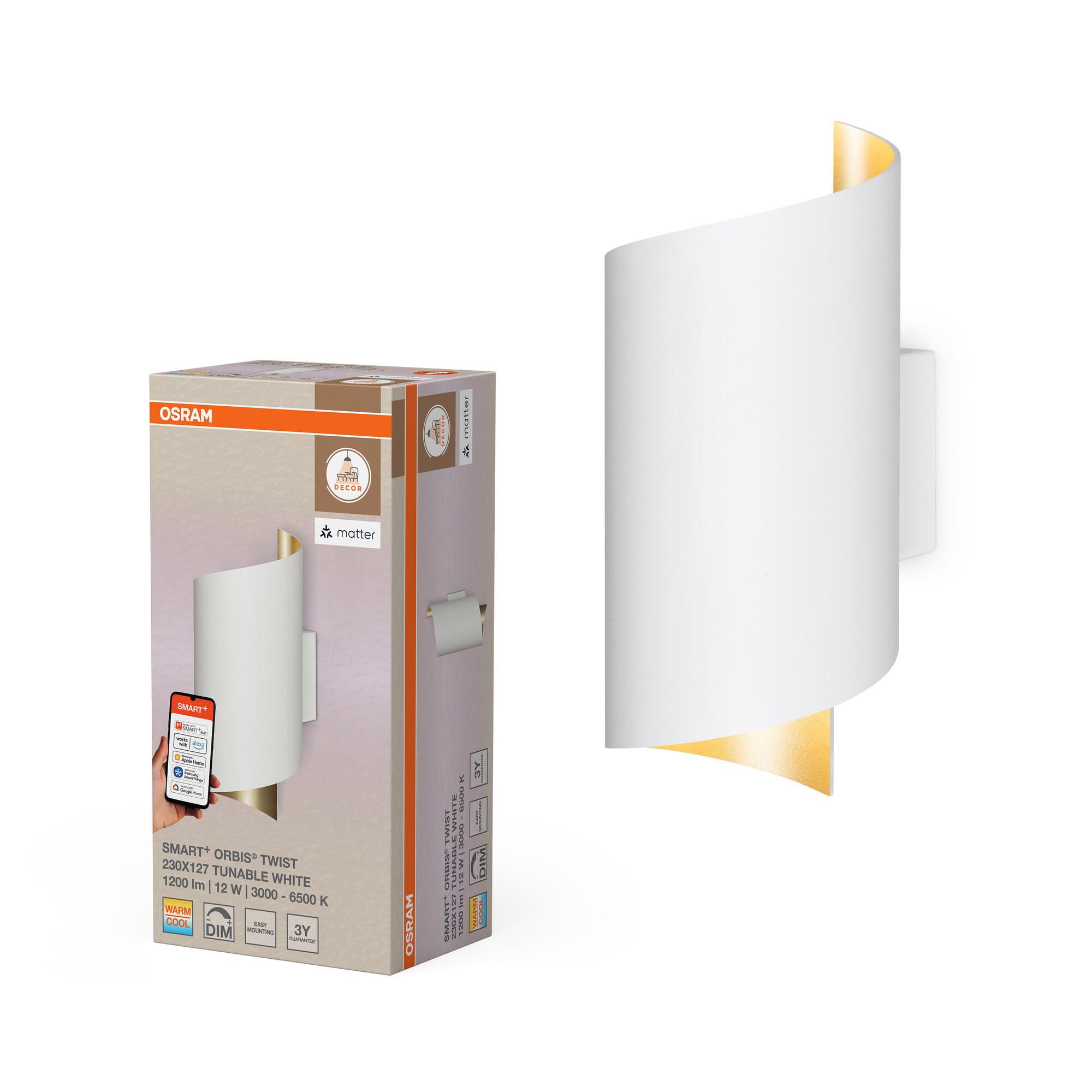 Osram SMART+ Matter Wall Twist LED Wandleuchte 230x127mm TW | SMART+ MATTER Wall Twist, Indoor Wall Lighting, Weiß, 30000 h, 1-Pack