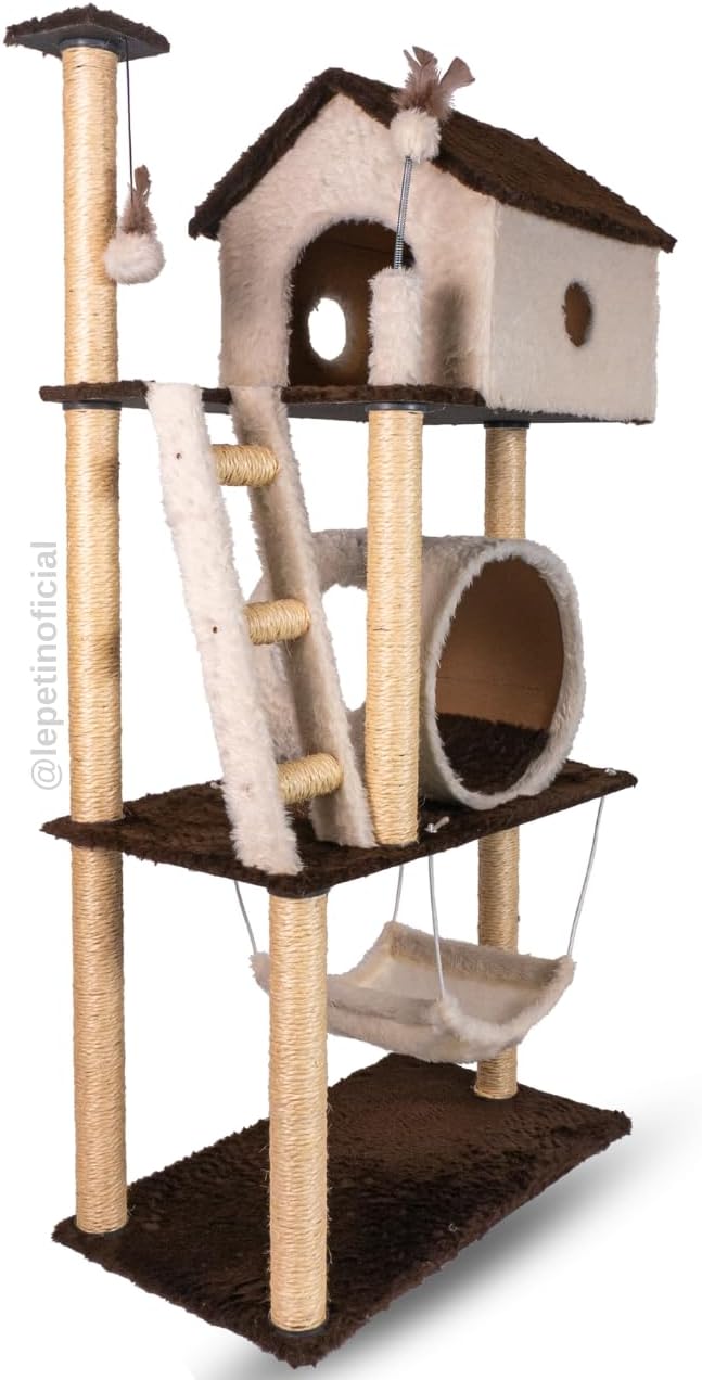Arranhador Casa para Gatos 3 andares com Rede e Túnel Grande Cat (Cappuccino)