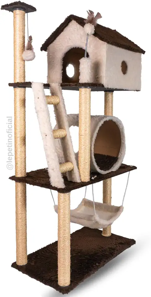 Arranhador Casa para Gatos 3 andares com Rede e Túnel Grande Cat (Cappuccino)