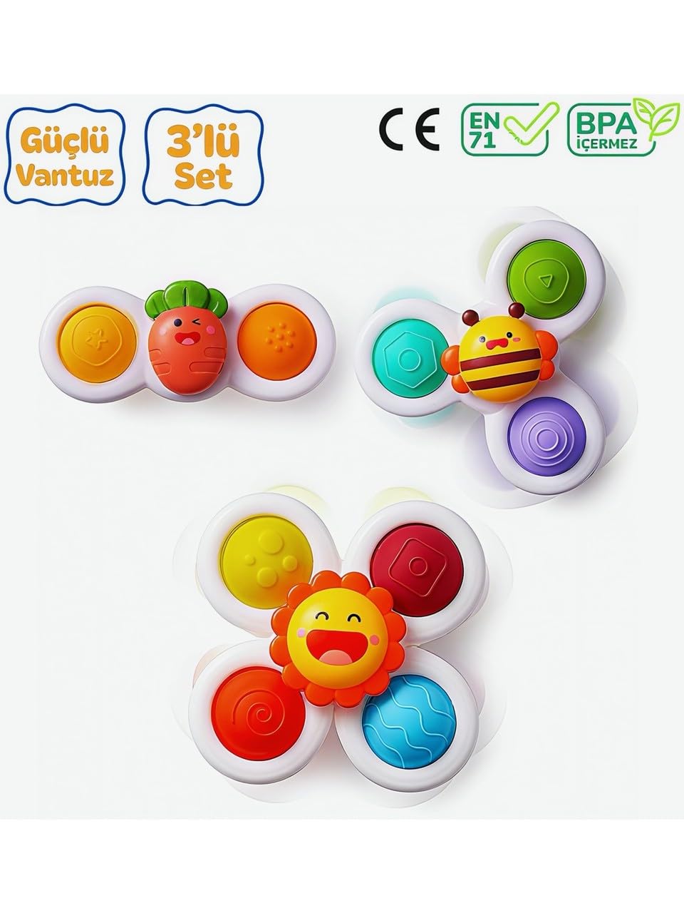 Circle Toys Vantuzlu Duyu Geliştirici Spinner Oyuncak 3’lü Set – Dönen Bebek Oyuncağı (12 Ay+)