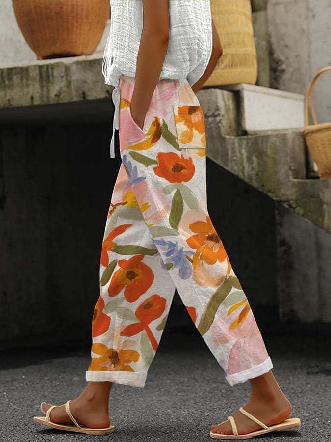 Women's Casual Boho Floral Linen Pants Summer Elastic High Waisted Wide Leg Beach Trousers with Pockets Plus Size2