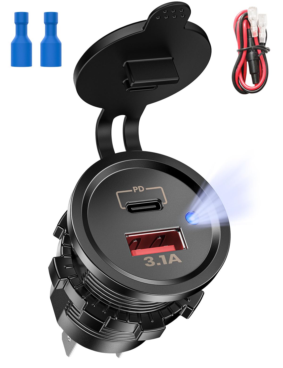Adattatore USB-C per Accendisigari 15,5W - Presa Auto 12V/24V, 5V/1A & 5V/2,1A PD - Caricatore per iPhone, Samsung Galaxy, Huawei, Xiaomi, Sony con Spia Luminosa Blu (15.5W PD+USB)