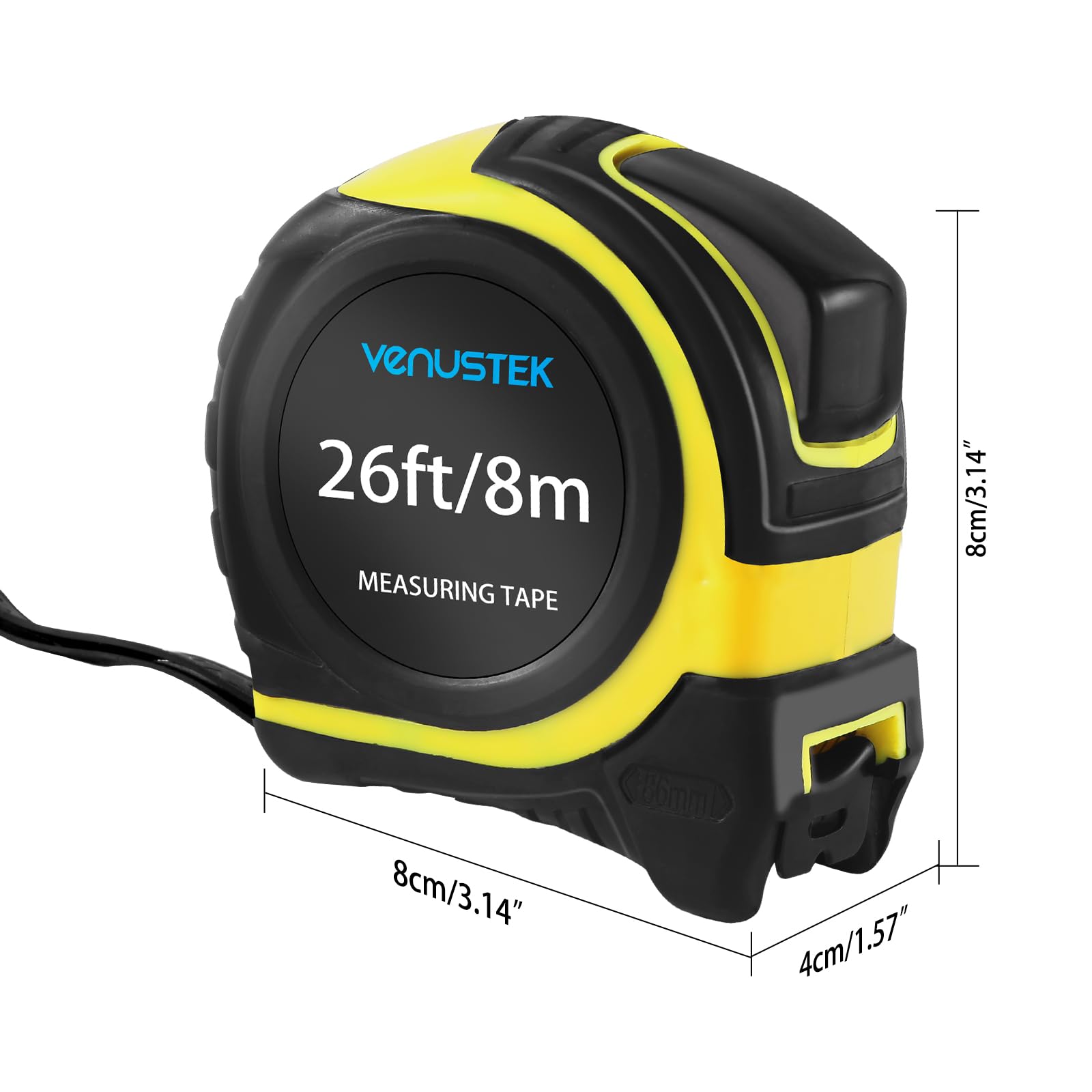 VENUSTEK Retractable Tape Measure 8m 26Ft,Professional Measuring Tape with Metal Belt Clip & Wide Blade,Metric & Imperial Measurement for home users,renovations,Construction - Image 2