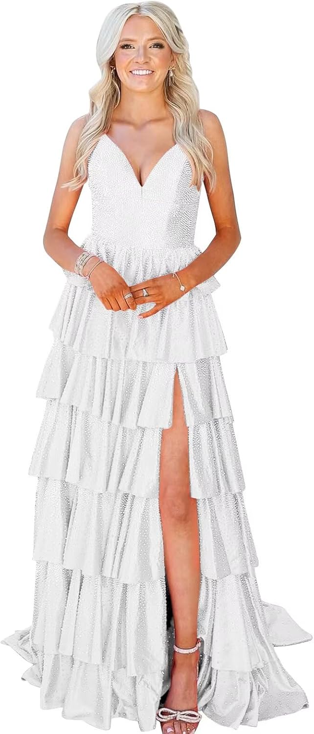 Sonlay Layered Satin Prom Dresses for Women 2026 V Neck Evening Gown Long Formal Sparkly Pageant Dress