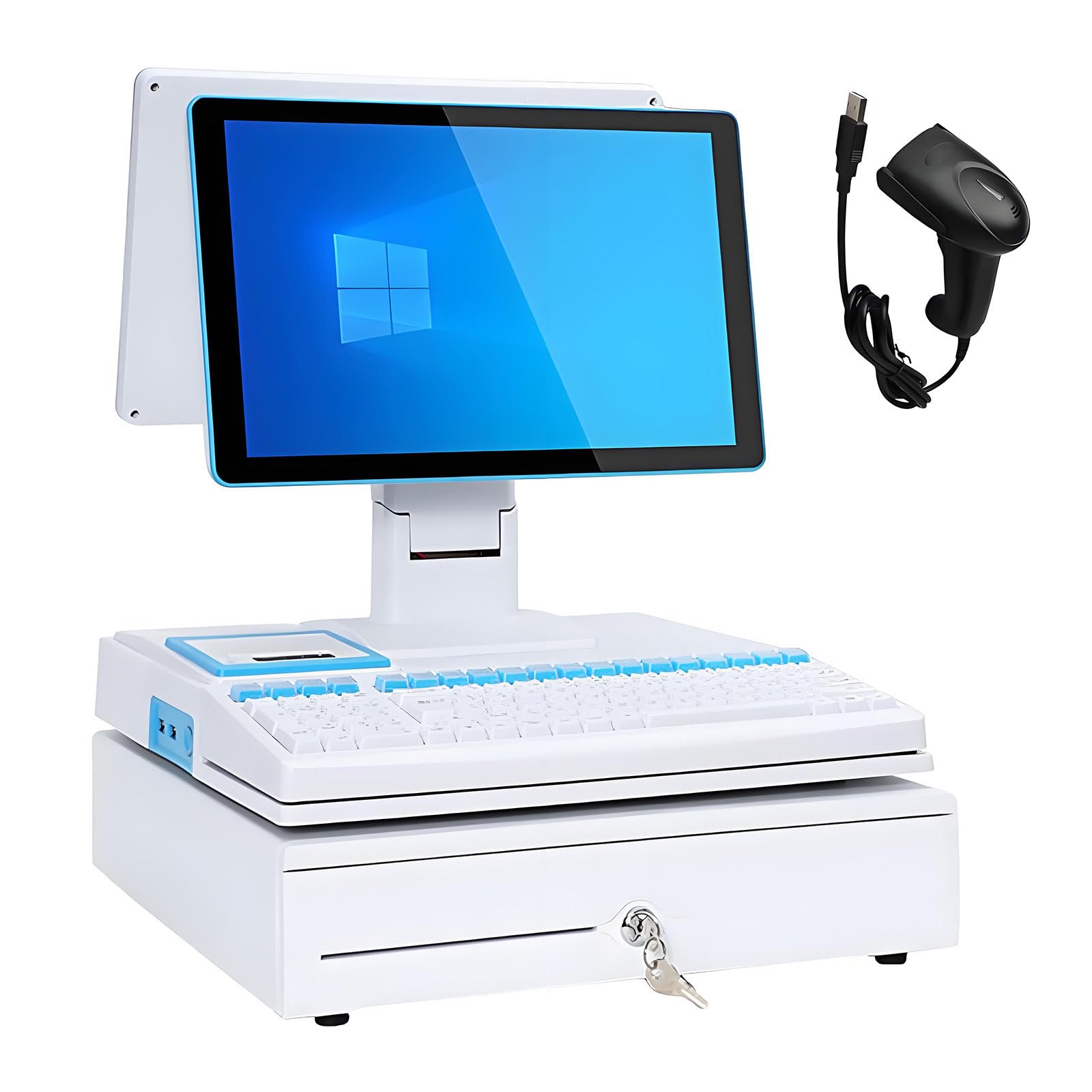 Sistemas de Punto de Venta (TPV) Inteligentes con Caja registradora, Pantalla Dual de 15,6 Pulgadas e Impresora de Recibos integrada, para pequeñas Empresas y comercios minoristas. White