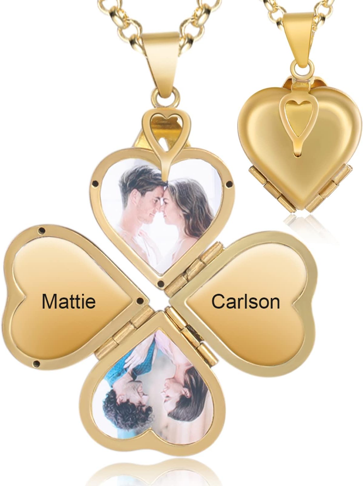 Nobelook Personalized Love Heart Locket Necklace That Holds 4 Photos Customizable Pendant Charms For Women Gold Plated Vintage Necklace for Mother Girls Christmas Birthday Gift Chain Length 31.49" Adjustable