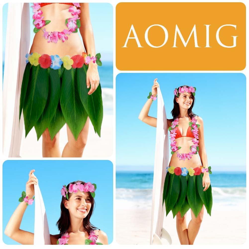 Aomig Hawaiian Leaf Skirt Grass Skirt, Hawaiian Garlands Hawaiian Leis Set - Image 4